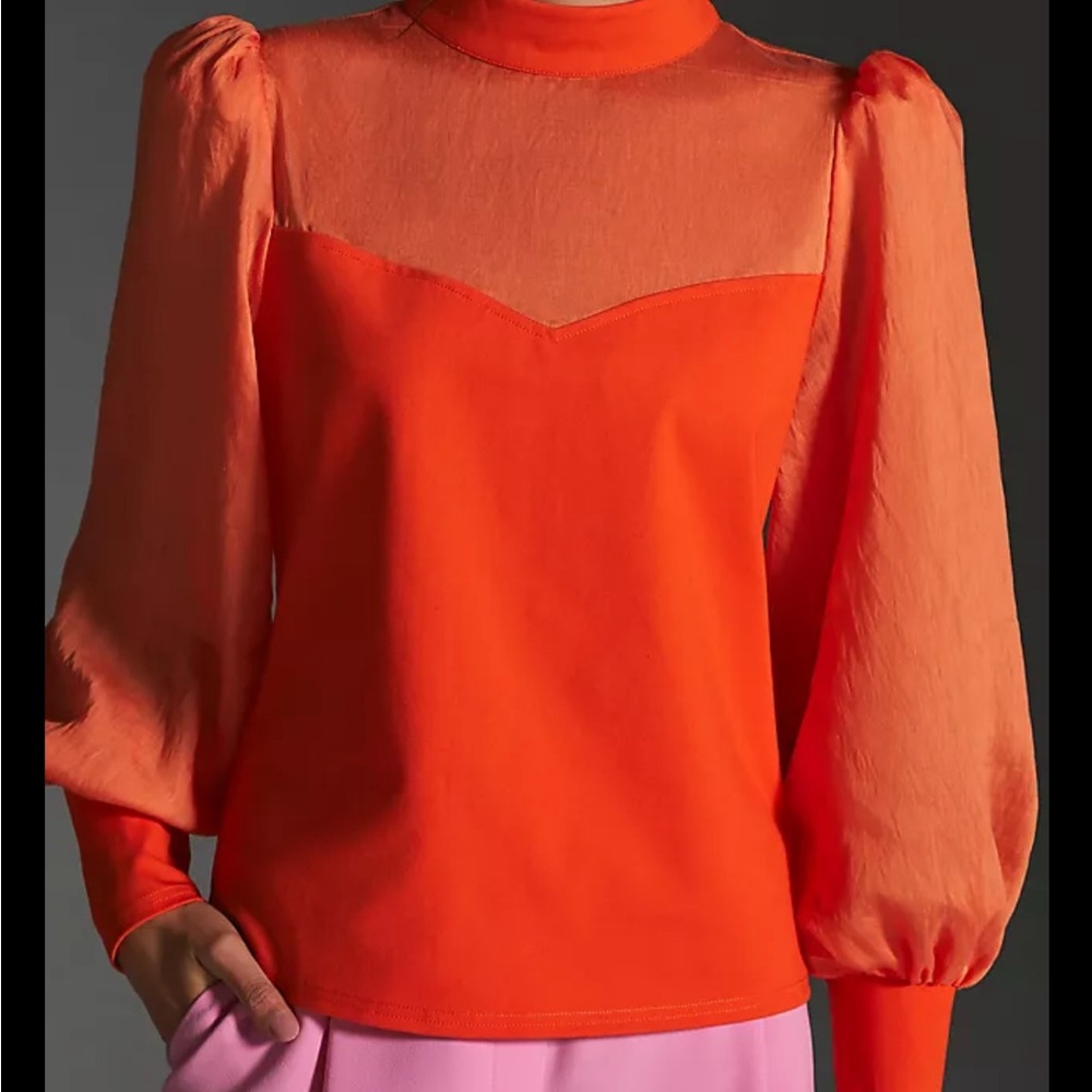 Anthropologie Orange Puff Sleeve Graphic Blouse